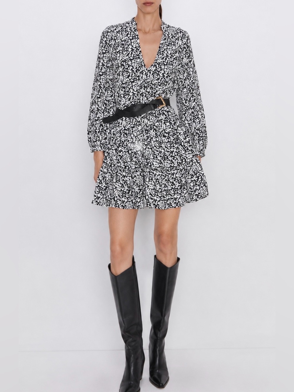 Zara Black White Abstract Floral Tiered Mini Dress Button Front Size Small